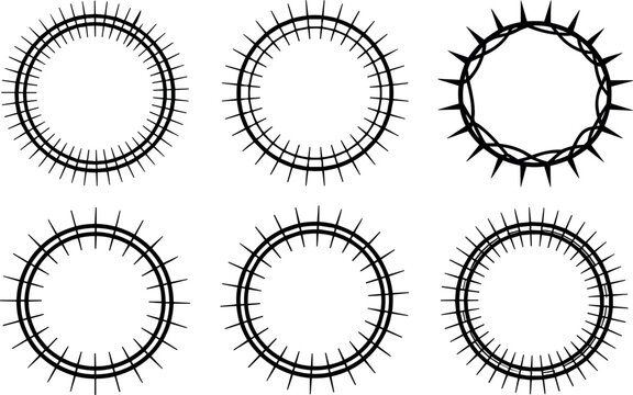 Barbed Wire and Crown of Thorns Circular Frames Vector Silhouette Set for Religious Easter Graphic Designs, Tattoo Art, and Abstract Borders