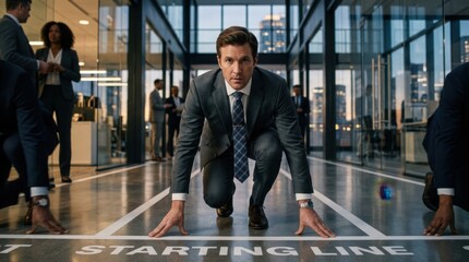 Obraz premium Businessmen in suits ready to race at the starting line in modern office