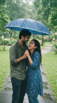 Indian millennial couple laughing under a blue umbrella during a rain shower in a lush green park. Romantic relationship and dating concept.