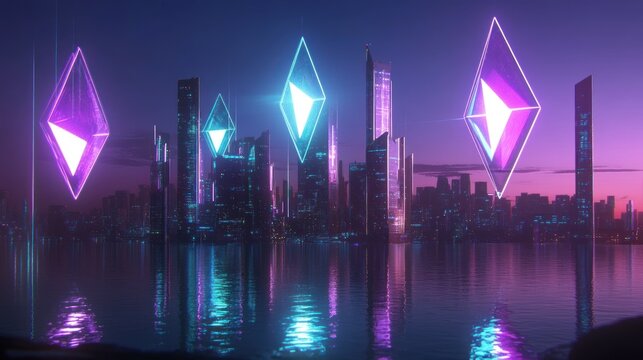 Futuristic cityscape illuminated by vibrant crypto symbols reflecting on water