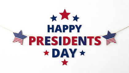 A festive patriotic garland banner displaying misspelled "Happy Presidents Day" text surrounded by colorful star confetti, created with generative ai.