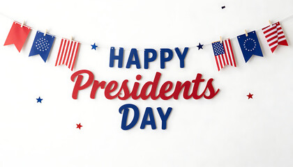 A festive patriotic garland banner displaying misspelled "Happy Presidents Day" text surrounded by colorful star confetti, created with generative ai.