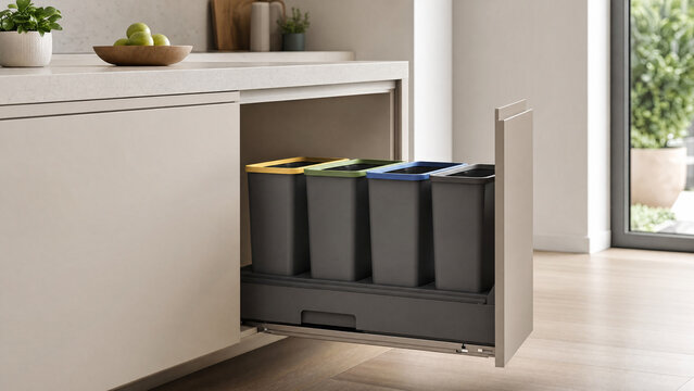 Modern pull-out kitchen drawer with color-coded recycling bins for waste sorting