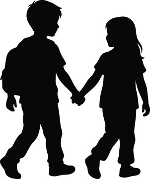 Silhouette of a boy and girl holding hands childhood friendship