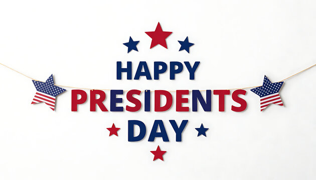 A festive patriotic garland banner displaying misspelled "Happy Presidents Day" text surrounded by colorful star confetti, created with generative ai.
