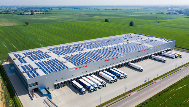 Modern logistics warehouse with solar panels and trucks distribution center loading docks