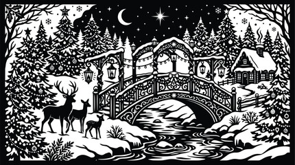 Naklejka premium Christmas bridge scene with deer and festive trees