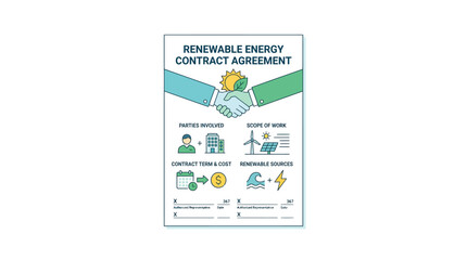 Fototapeta premium Renewable Energy Contract Agreement Document with Icons and Handshake
