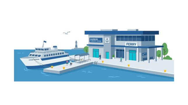 Ferry terminal with boat arriving and passengers disembarking at a dock