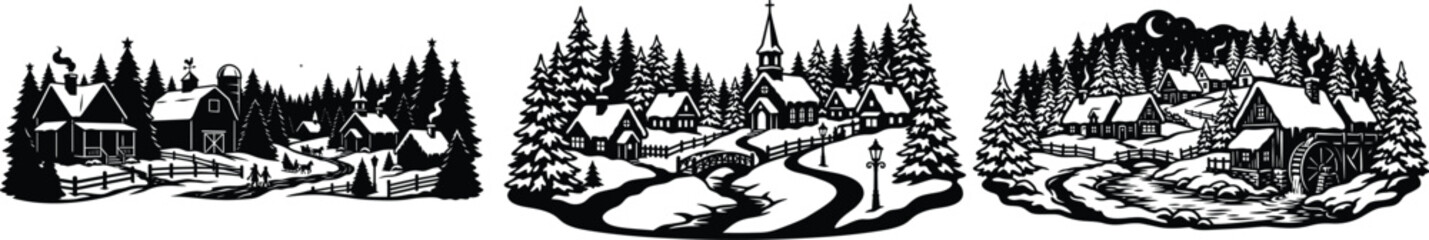 Fototapeta premium Vintage woodcut style winter village scenes with forest backdrop