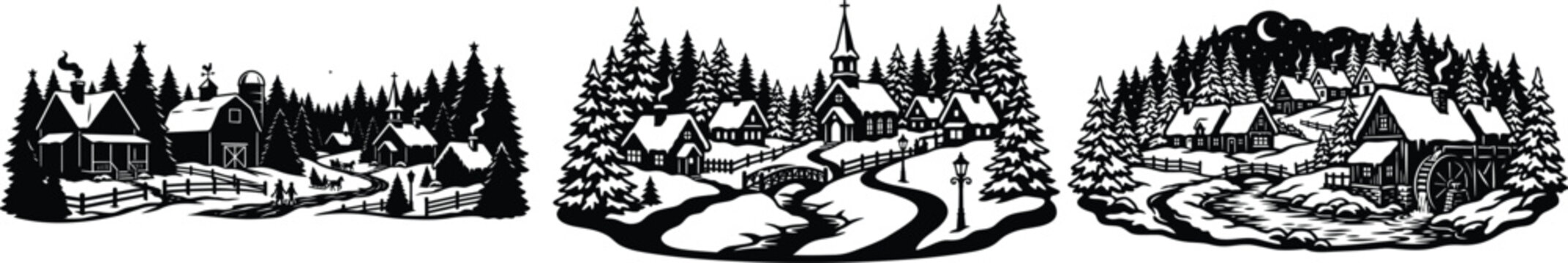 Vintage woodcut style winter village scenes with forest backdrop