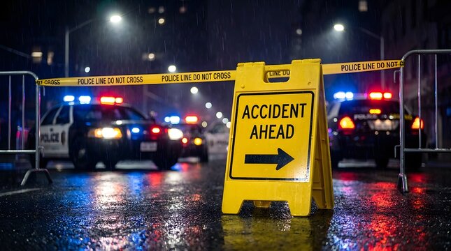 Accident ahead sign at night police investigation and road closure