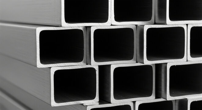 Industrial square steel pipes stacked in warehouse, hollow metal profiles for construction, metallic rectangular tubing close up