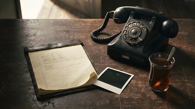 Vintage detective scene rotary phone notebook and instant photograph
