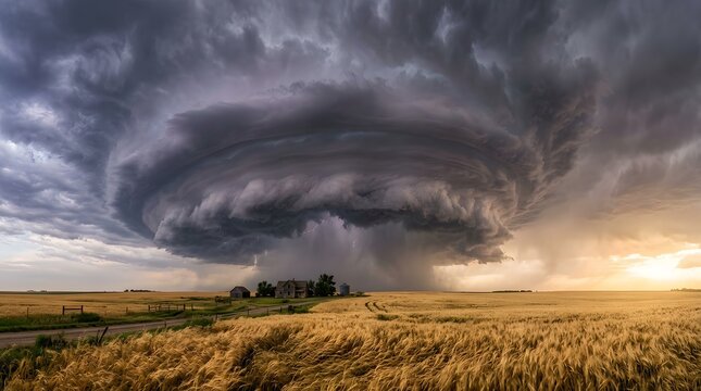 Dramatic supercell thunderstorm over golden wheat fields at sunset