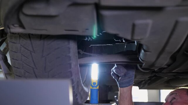A detailed view of a mechanic working on a car, using a car lift in the garage. The mechanic is using a screwdriver to loosen the bolts on the underside of the car.