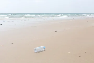 Empty Used Plastic Bottle on Remote Deserted Sea Sand Tropical Beach © Anna Babii