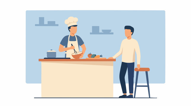 Flat illustration of two men cooking and talking in a modern kitchen