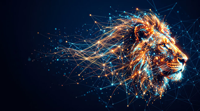 Digital lion head portrait made of glowing network lines and particles, futuristic technology concept, abstract cyber art