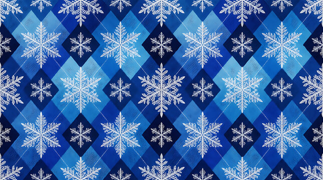 Blue argyle pattern with white snowflake motifs