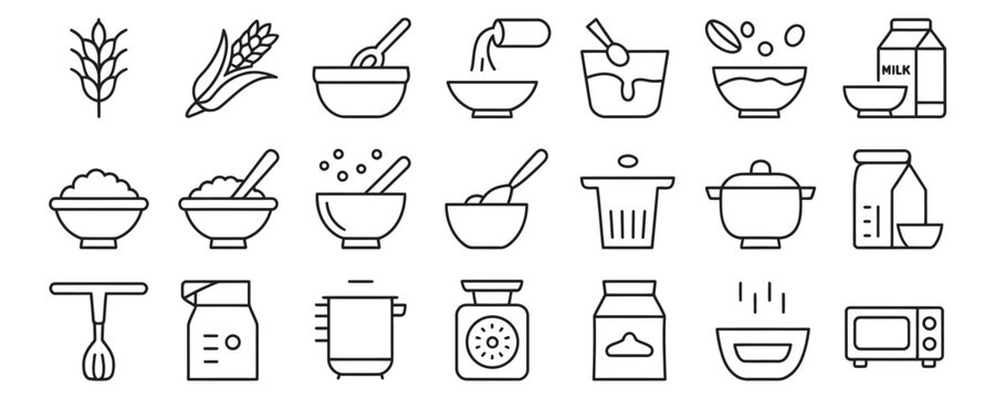 Black and white line icons for baking and cooking with kitchen utensils and ingredients