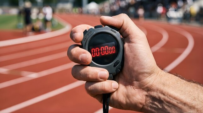 A hand holds a digital stopwatch on a running track to measure time.