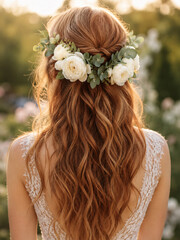 Naklejka premium Bridal hairstyle with floral crown in a garden setting