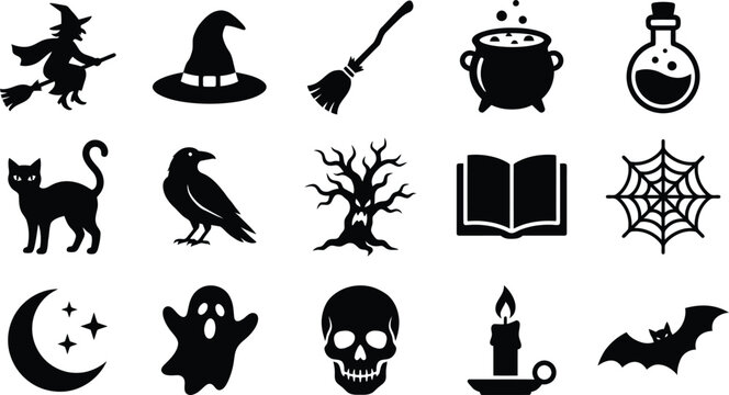 Halloween icon set witchcraft spooky creatures and mystical elements