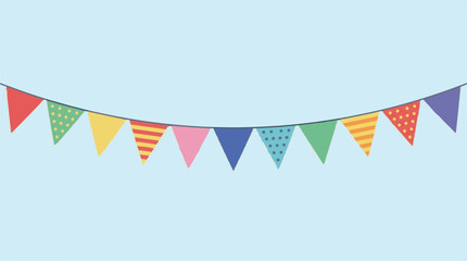 Obraz premium Festive Colorful Triangular Bunting Flags Garland for Party Celebration and Event Decoration on Light Blue Background Illustration
