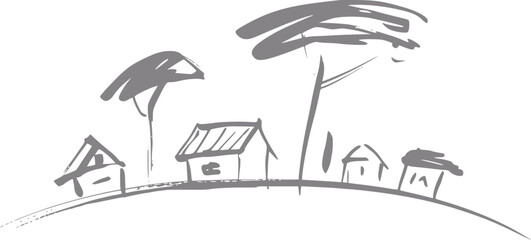 曲線の地平線上の風景にある家々と木々の小さな村のミニマリストな手書きイラスト © Ripa_Moni