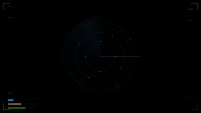 An animated radar loop displaying a sweeping needle against a dark tactical background with status bars.