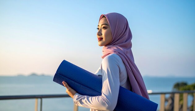 indonesian Young woman with coloful hijab wearing sporty outfit holding yoga mat and looking to the opposite side with clear blue sky, healthy lifestyle outdoors