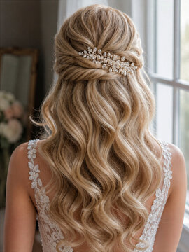 Bridal hairstyle with long wavy hair and hair accessory