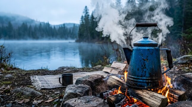 Blue enamel kettle steaming on a campfire by a misty lake in autumn