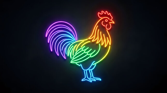 Colorful neon outline of a rooster standing on dark background with glowing light
