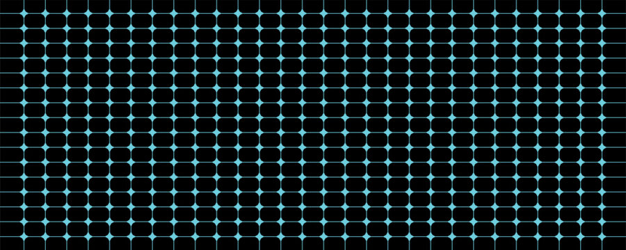Minimalist geometric seamless pattern featuring bright cyan grid lines with rounded corners forming small black rectangles on a panoramic banner background.