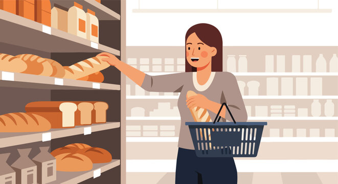 Woman buying bread in a bakery aisle of a supermarket