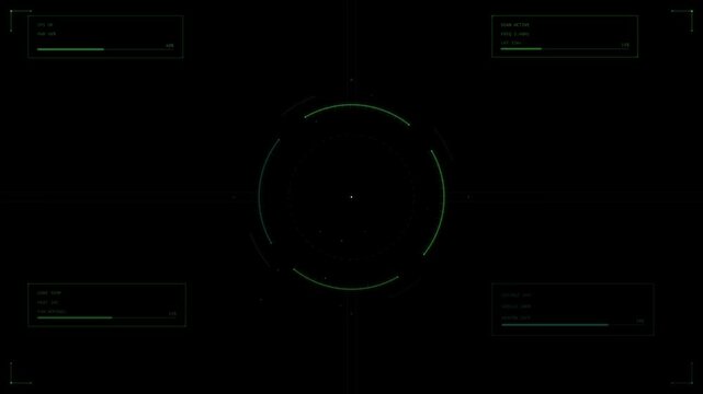 The futuristic interface displays circular tracking data with glowing green elements against a dark overlay background.