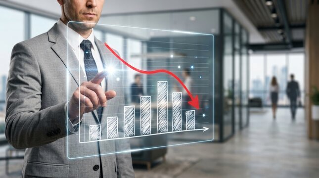 A businessman in a suit interacts with a virtual screen showing a decreasing bar graph in a modern office.