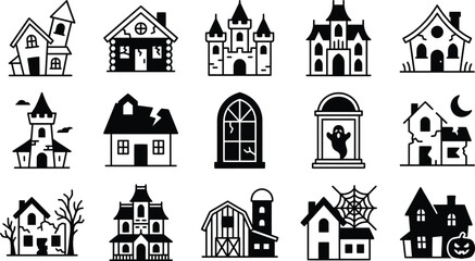 Fototapeta premium Spooky halloween house icons collection vector illustration for seasonal designs
