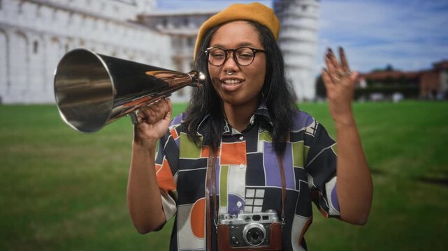 Woman holds metal megaphone to mouth, vintage camera at chest, smiling in front of leaning tower building on a grassy lawn; creative joy.