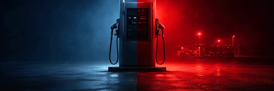 Lone fuel pump stands at an empty station during a gasoline and diesel shortage crisis, animated website banner with copy space