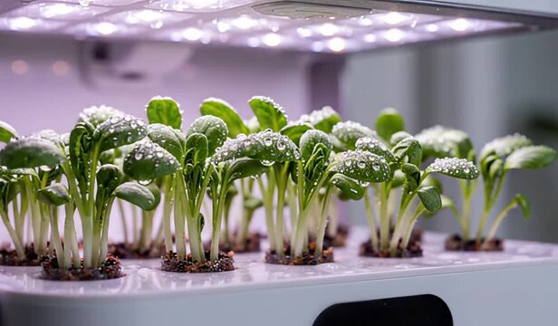 Young green seedlings growing in modern smart hydroponic indoor garden with LED grow light and water spray, vertical farming and sustainable agriculture concept