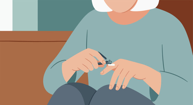 Person clipping fingernails with clippers on lap indoors