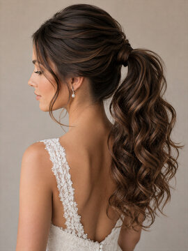 Bridal hairstyle with long curly ponytail on a woman wearing a lace dress