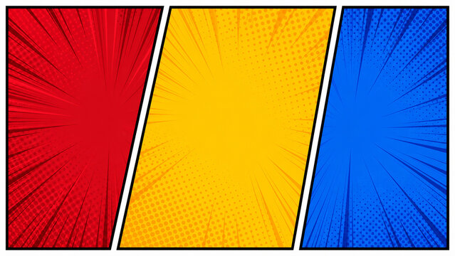 3 Sections Comic Book Triptych Background with Red, Yellow, and Blue Radial Bursts, Halftone Dots, Bold Black Borders, and Dynamic Pop Art Energy for Posters, Banners, YouTube Thumbnail