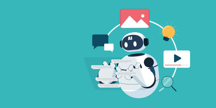 Cute AI robot assistant working on a laptop with media, chat, and search icons, generative artificial intelligence technology.