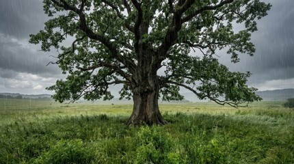 Obraz premium Majestic Ancient Oak Tree Stands Alone in a Lush Green Field Under a Dramatic Sky