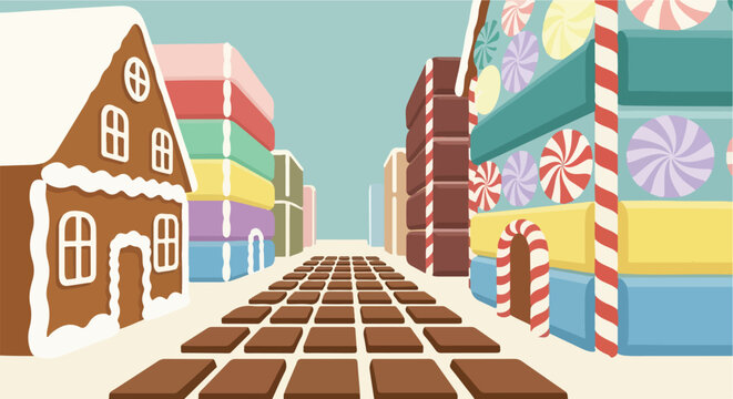 Gingerbread houses and candy buildings line a street of cookies