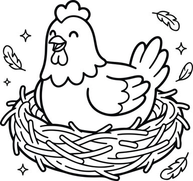 Cute chicken in nest coloring page, cartoon hen sitting in straw nest vector illustration, farm animal line art for kids activity book